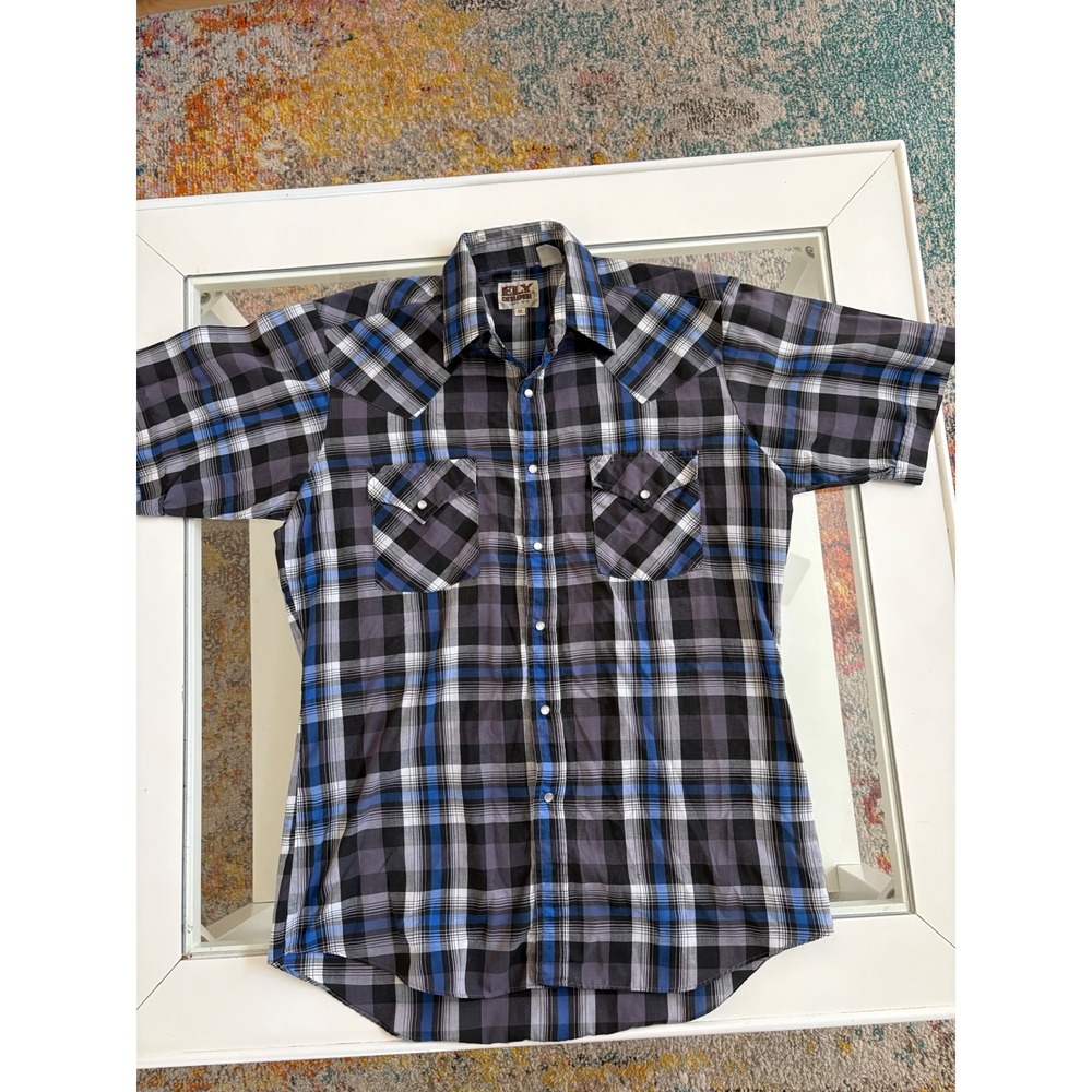 Ely Cattleman Mens Blue Black Plaid Short Sleeve Western Pearl Snap Shirt Medium